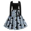 Women Vintage Long Sleeve Square Neck Dress Halloween Party Printed Full Skirt Retro Style Midi Dress with Waist Tie