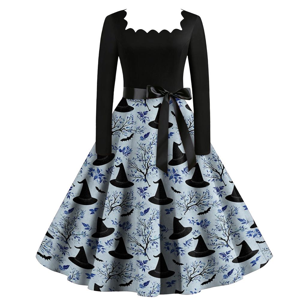 Women Vintage Long Sleeve Square Neck Dress Halloween Party Printed Full Skirt Retro Style Midi Dress with Waist Tie