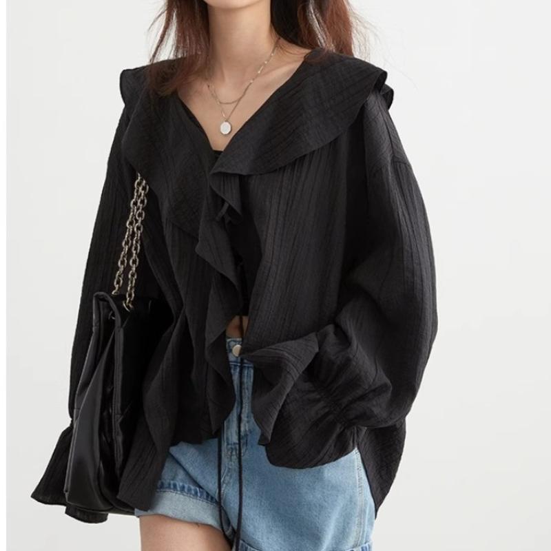 Frühlingsrüschen Schlagärmel Schnürung Vintage Lässige Hemden für Damen Mode Elegant V-Ausschnitt Lockere Blusen Damen Oberteile Slim Fit Einfarbiges Damenhemd 25999