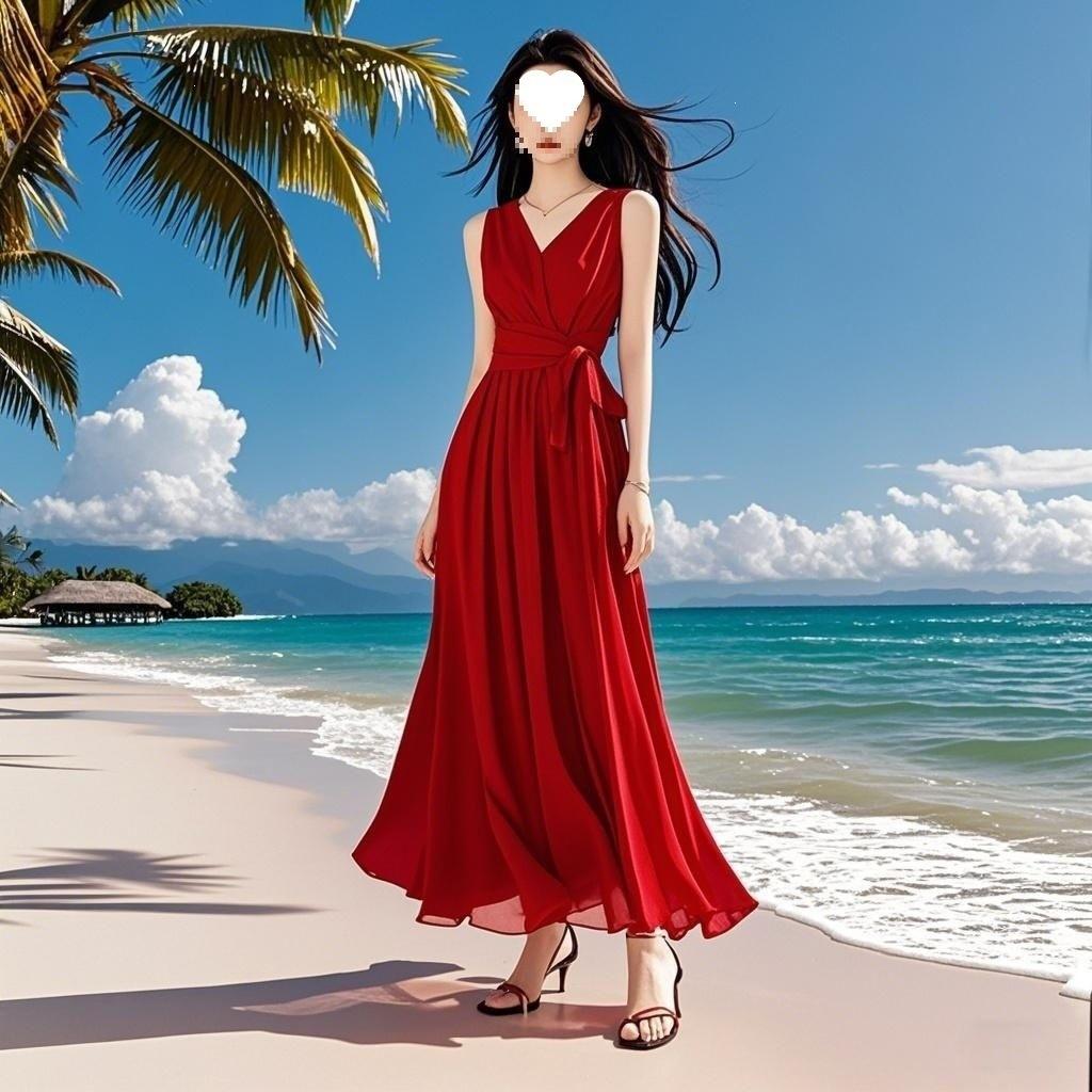 White collar temperament dress new seaside vacation summer sleeveless long dress chiffon beach dress red
