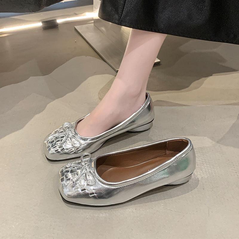 French Silver Single Shoes Autumn New High-end Square Head Soft Sole Light Mouth Small Leather Shoes Flat Sole