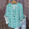 Women's Fashion Casual Button V-Neck Seven Sleeve Vintage Printed Shirt Top