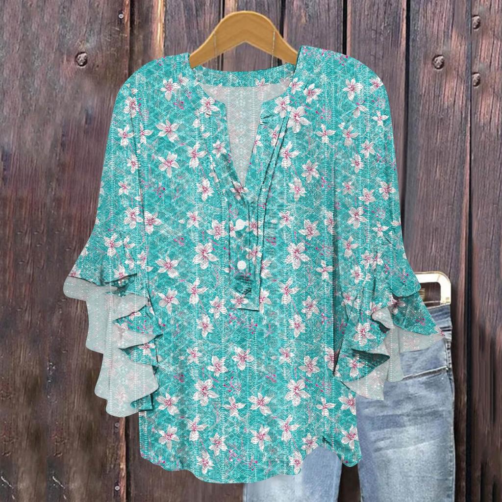 Women's Fashion Casual Button V-Neck Seven Sleeve Vintage Printed Shirt Top