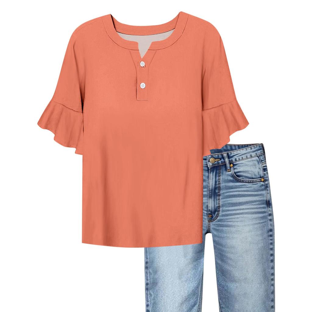 Women's Casual Fashion V-neck Ruffled Trumpet Sleeves Loose Versatile Solid Color Short Sleeves