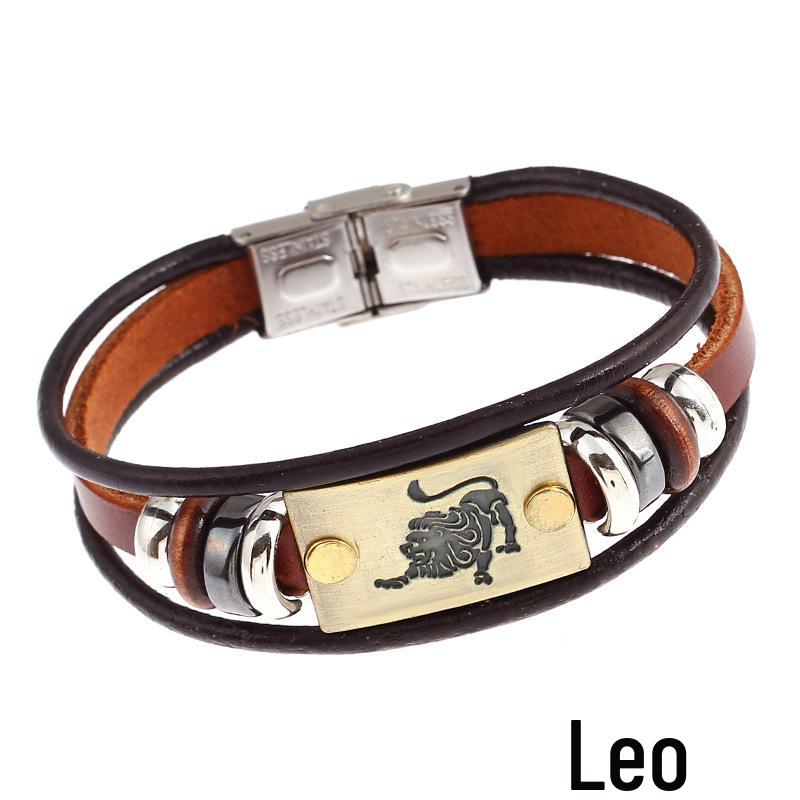 Twelve Constellations Cowhide Bracelet with Stainless Steel Buckle - Genuine Leather