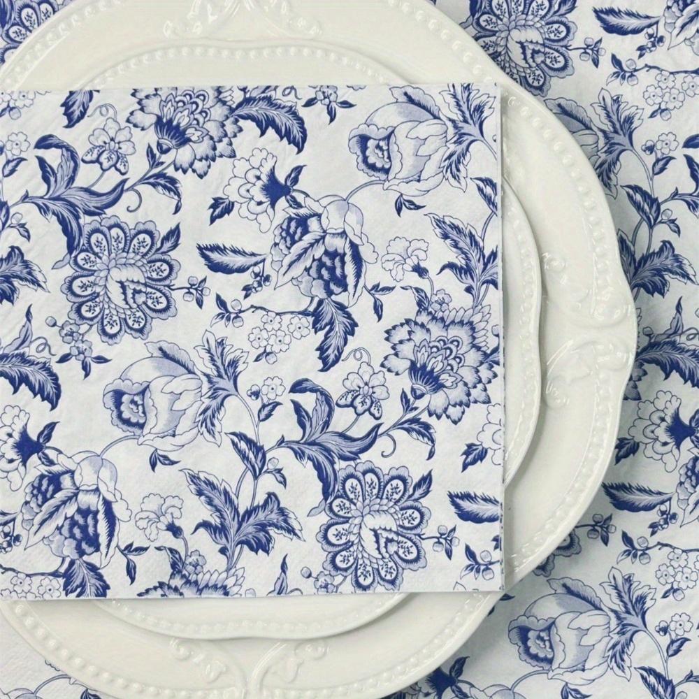 20pcs/Set Disposable Retro Blue Flower Printed Decoupage Napkins 13x13inch, Suitable for Weddings, Birthdays, Holidays