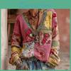 Fashion Vintage Vneck Womens Longsleeve Patchwork Floral Print Casual Top