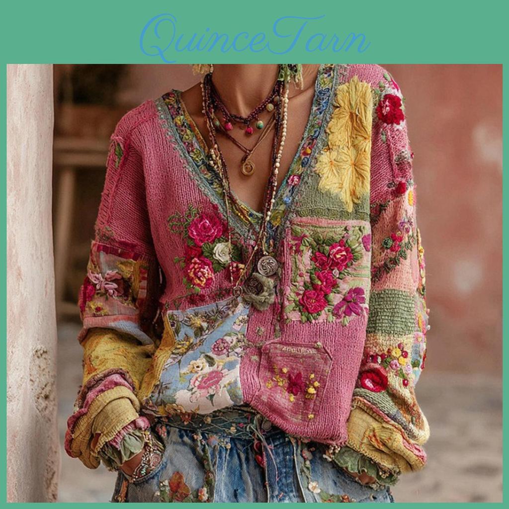 Fashion Vintage Vneck Womens Longsleeve Patchwork Floral Print Casual Top