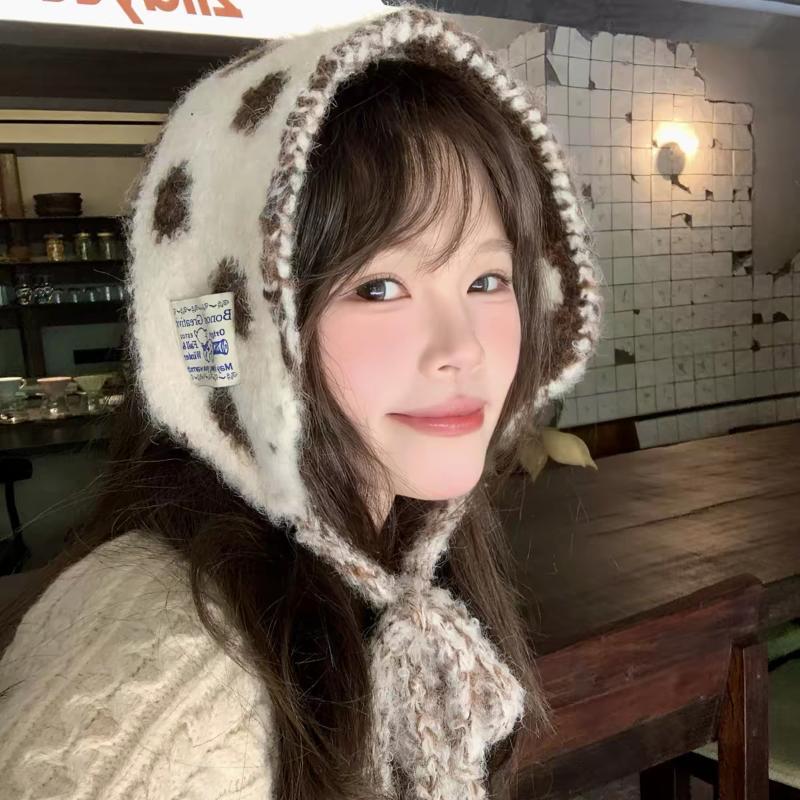 Womens Cute Polka Dot Fuzzy Knit Ear Flap Hat Soft Warm Fabric Adjustable Tie Strings For Winter Daily Wear Outdoor Activities