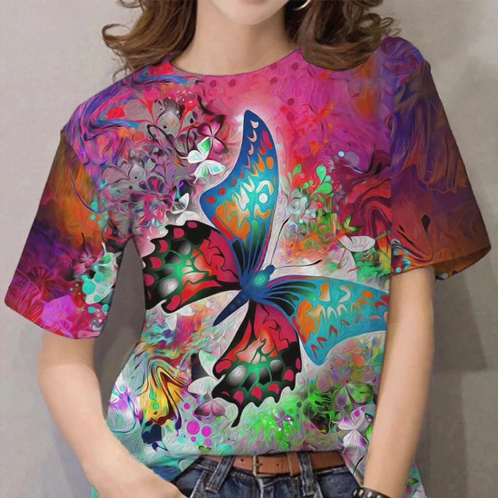 Summer Round Neck Butterfly Pattern 3D Print Top Fashionable Casual Short Sleeved Women's T-shirts