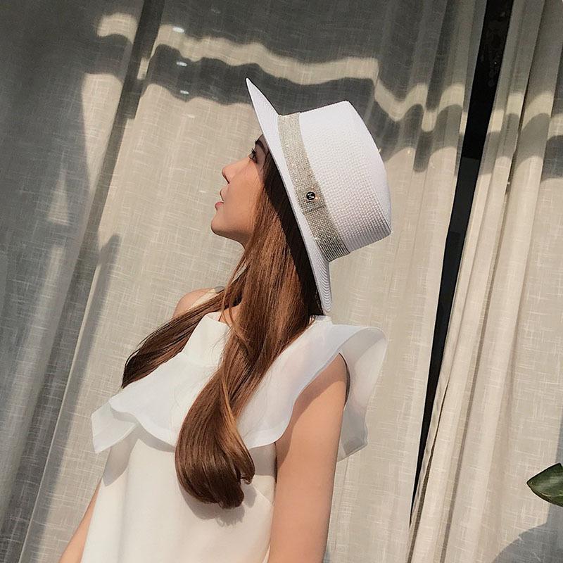 Flat Top Hat Women's Summer Rhinestone Label Straw Hat Vacation Beach Sunscreen Sun Hat Fashion Flat Brim White Top Hat