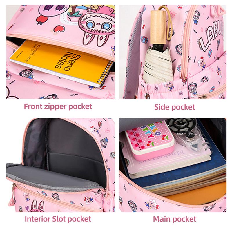 Neuer 4-teiliger Kinder-Cartoon-Rucksack LABUBU-Druck Schultasche Großes Fassungsvermögen Leichter Wasserdichter und Verschleißfester Rucksack