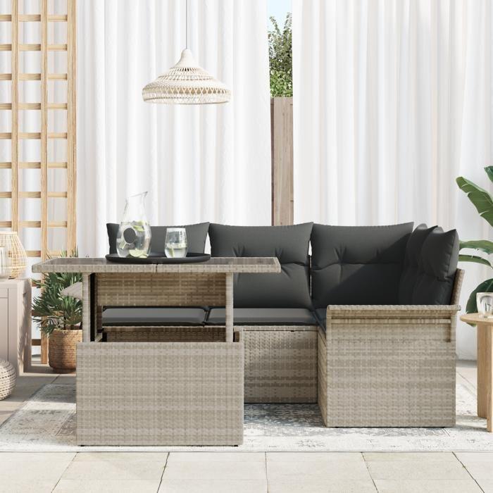 VidaXL Ensemble de Canapés de Jardin 5 Pièces avec Coussins Rattan Poly Gris Clair 3348278