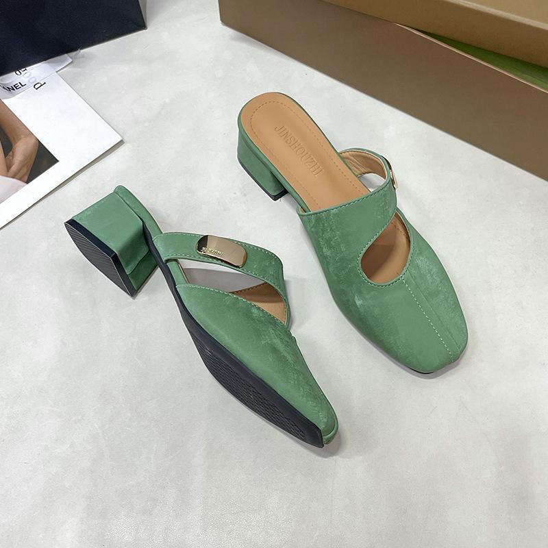 

Новый темпераментный полусапожки на среднем толстом каблуке женские Мэри Джейн ленивые сандалии 35 зелёный