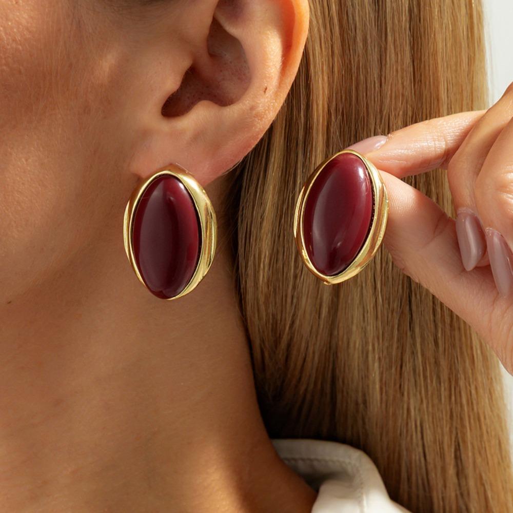 Retro Exaggerated Geometric Oval Red Imitation Gemstone Resin Earrings Rings Set for Women Fashion Party Jewelry Sets Accessory