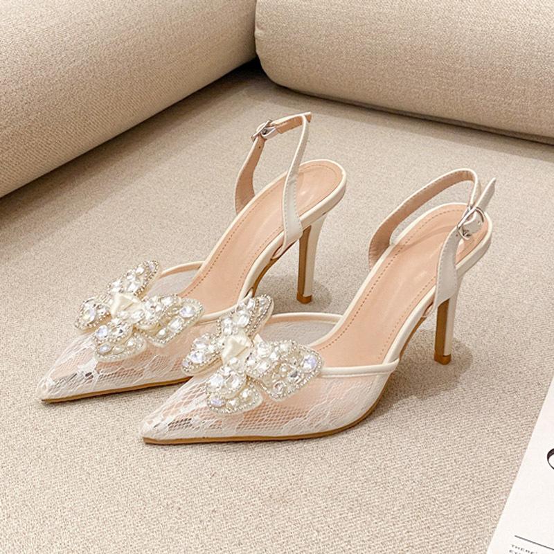 Pointed high heels new fashion lace front bag pearl thin heel fashion banquet bag head sandals women