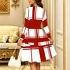 Women Long Sleeve Round Neck Midi Dress Boho Watercolor Plum Blossom Stripe Branch Dot Print Flared Dress