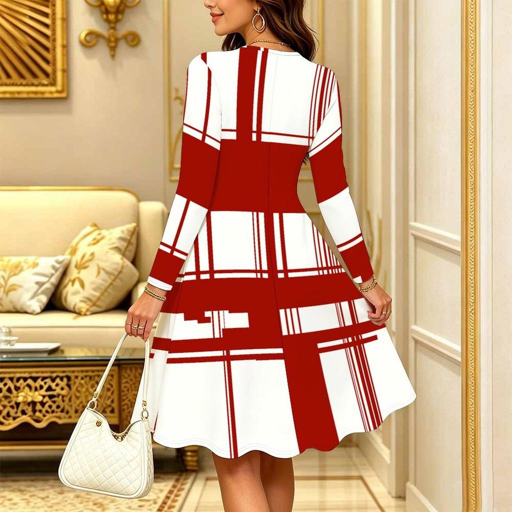 Women Long Sleeve Round Neck Midi Dress Boho Watercolor Plum Blossom Stripe Branch Dot Print Flared Dress