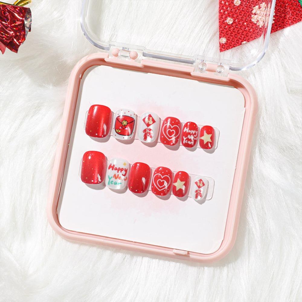 Short Square Shaped Children False Nails Bowknot Fireworks Kids Fake Nail Extension  Student