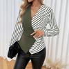 2025 Autumn Women's V-Neck Stripe Patchwork Waist-Cinching Long Sleeve Top