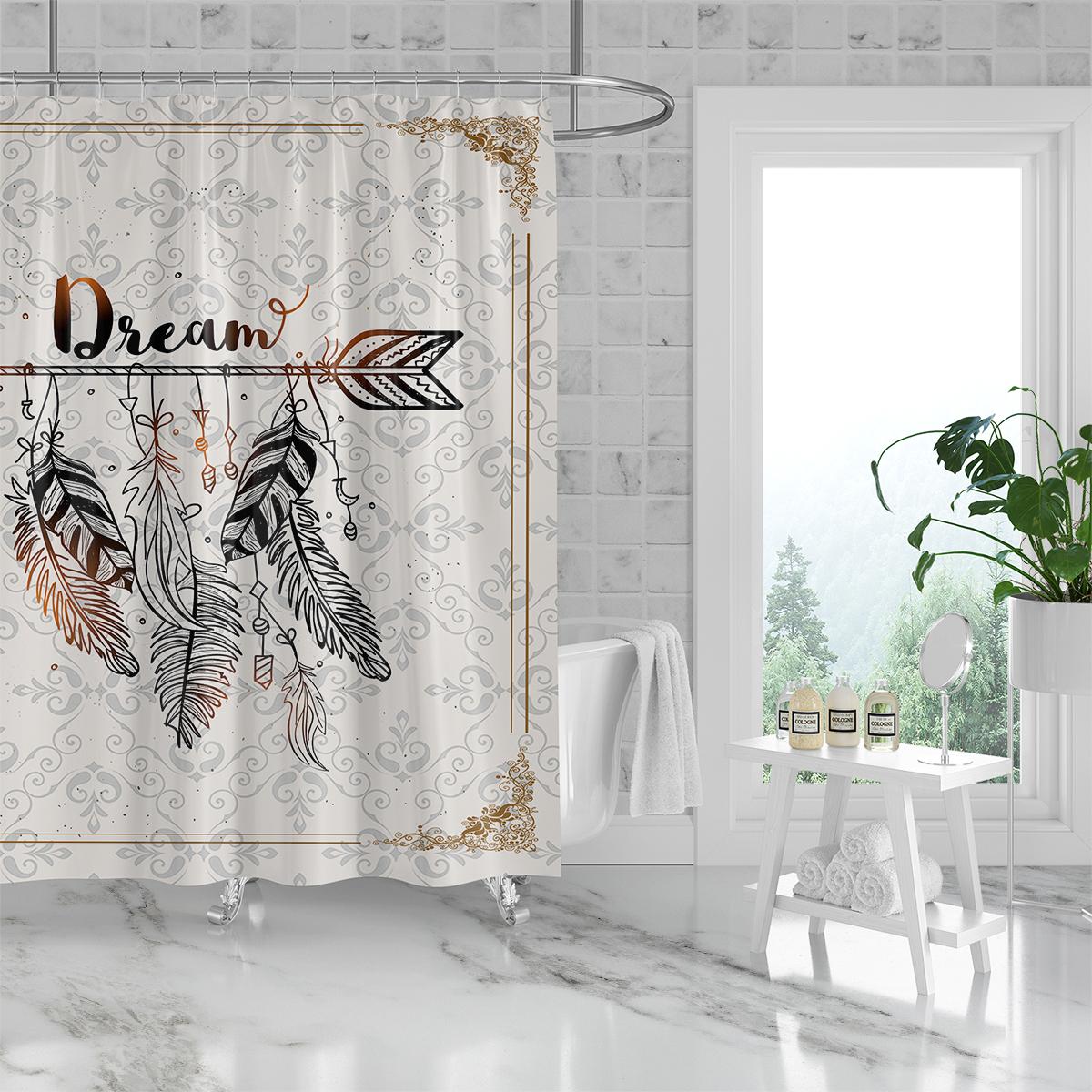 

180x180cm bathroom waterproof polyester shower curtain, mold resistant, perforated with hooks, beige surface, retro print 180x180cm