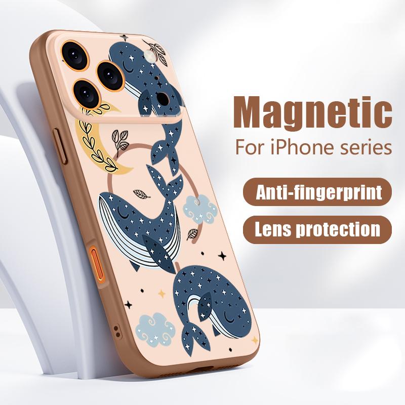 Magnetic For Magsafe Case For iPhone 17 Pro Max Cartoon Whales Stars Pattern Skin Feeling Cover For iPhone 16 15 14 13 Pro Max