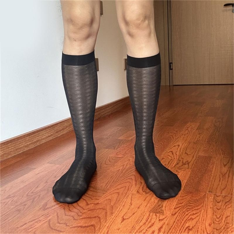Men Thin Business Dress Socks Stretchy Nylon Sheer Knee Highs Dress Socks Over the Calf Dress Socks Sheer Casual Socks