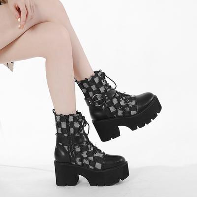 8 cm hohe, schwarze Damenschuhe mit Kettenmuster, dicker Sohle, wasserdichter Plateausohle und Riemen