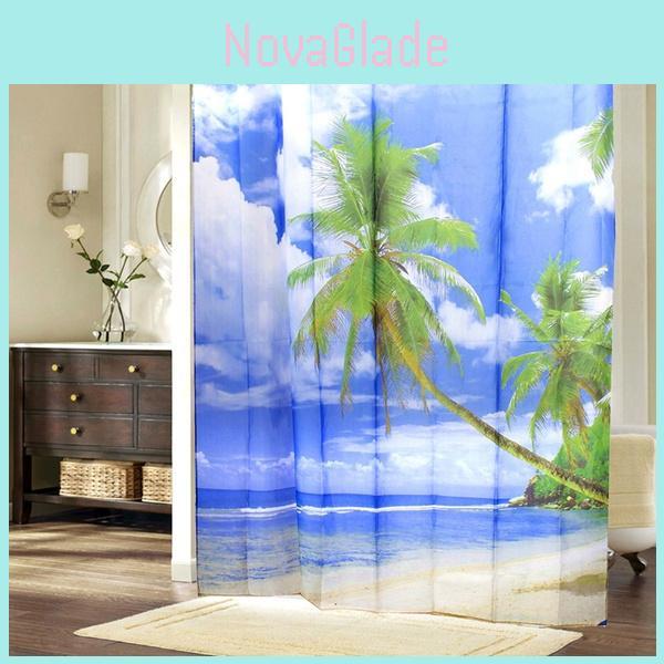 Premium Quality Waterproof Polyester Shower Curtain Featuring Tropical Hawaii Beach Coconut Print