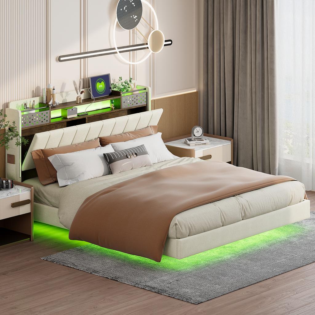 Gestoffeerd Bed 160*200 met LED-verlichting en USB-poort, Hoofdbord met Opbergruimte, Zwevend Bed Jeugd Bed Volwassen Bed, Linnen Stof, Beige