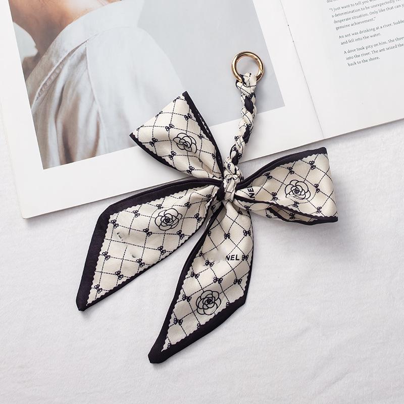 Silk Scarf Keychain with Horseshoe Buckle and Ribbon Bow for Bags and Cars