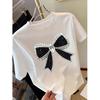 Cotton Tee Elegant Bow and Diamond Print T-Shirt, Women's Fashionable Printed T-Shirt, Summer Short-Sleeve Street Style Party Nightclub Top