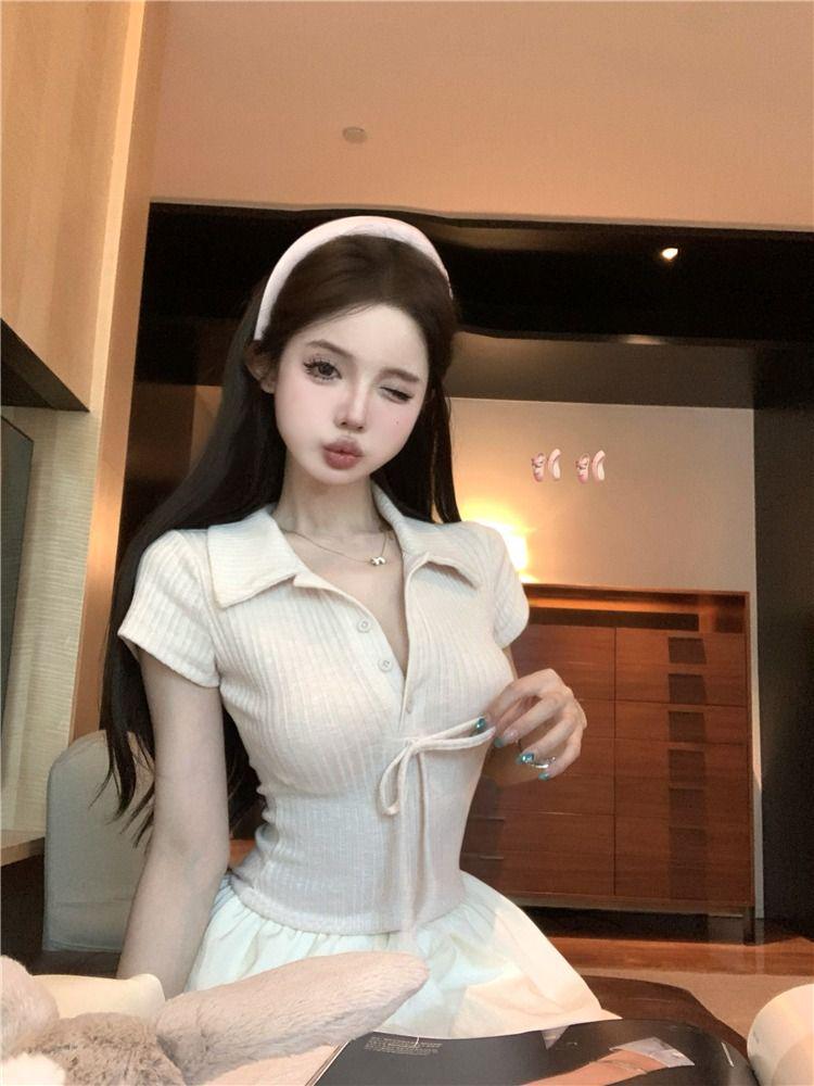 Koreańska morelowa sukienka z kołnierzykiem polo, krótkim rękawem, dopasowana, patchworkowa, dla kobiet