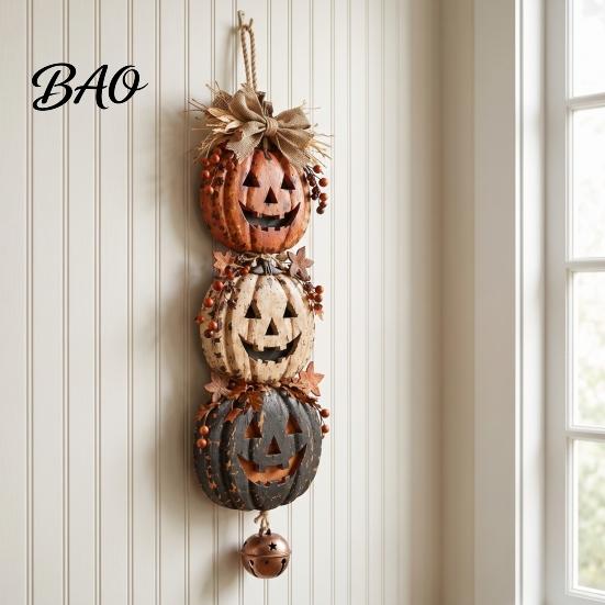 Halloween Party Front Door Sign Stacked Pumpkin Hanger, Vintage Jack?O?Lantern Wall Hanging Ornament, Rustic Decor Fall Harvest for Porch