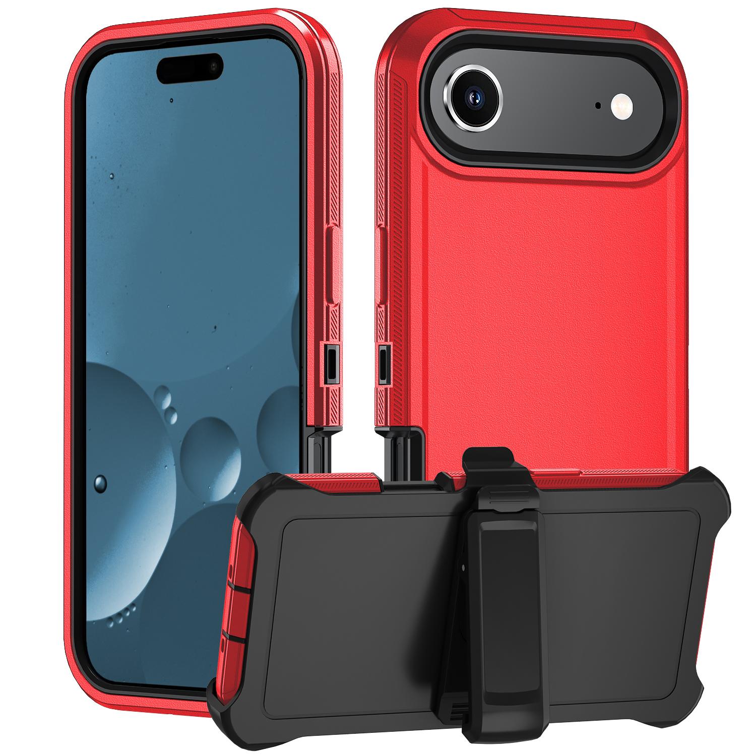 

For iPhone 17 Air Rugged Case PC+TPU Cell Phone Cover with Back Clip Kickstand Red/Black