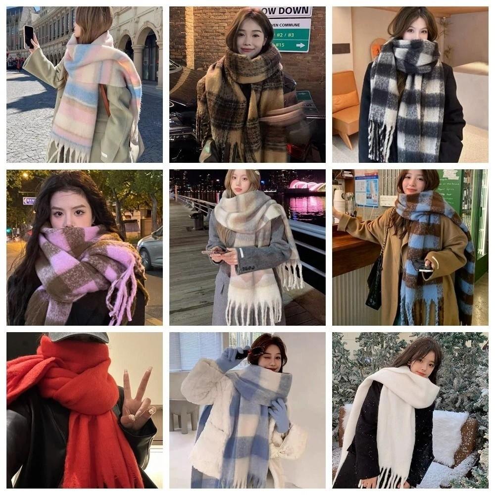 Tassel Plaid Wool Scarf Mohair Long Shawl Elegant Winter Cashmere Scarves  Student