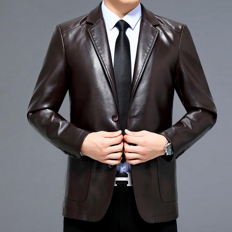 2025 New Men's Slim-Fit Casual Leather Jacket with Suit Collar - Middle-Aged Korean-Style Dad's Coat