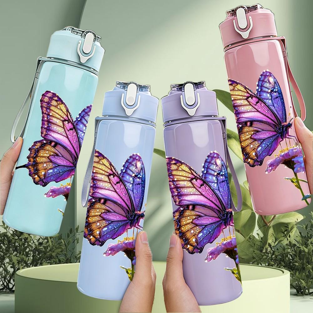 1PC Colorful Butterfly On Purple Flower Print 750ml Color Plastic Sports Water Bottle Leakproof Flip Straw Lid Suitable for Sports Office Home Use