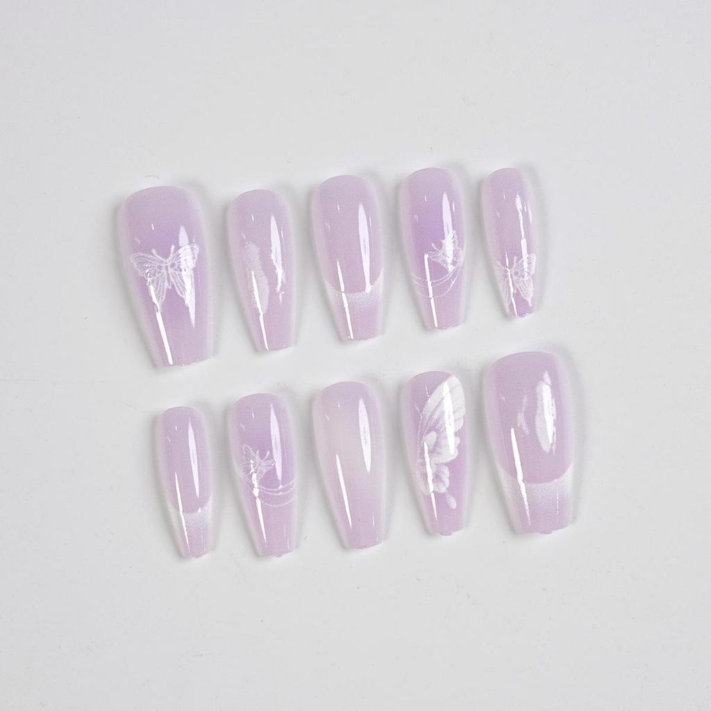 30-Piece Medium Trapezoid Taro Purple Nail Set with White Butterfly French Tip Stickers
