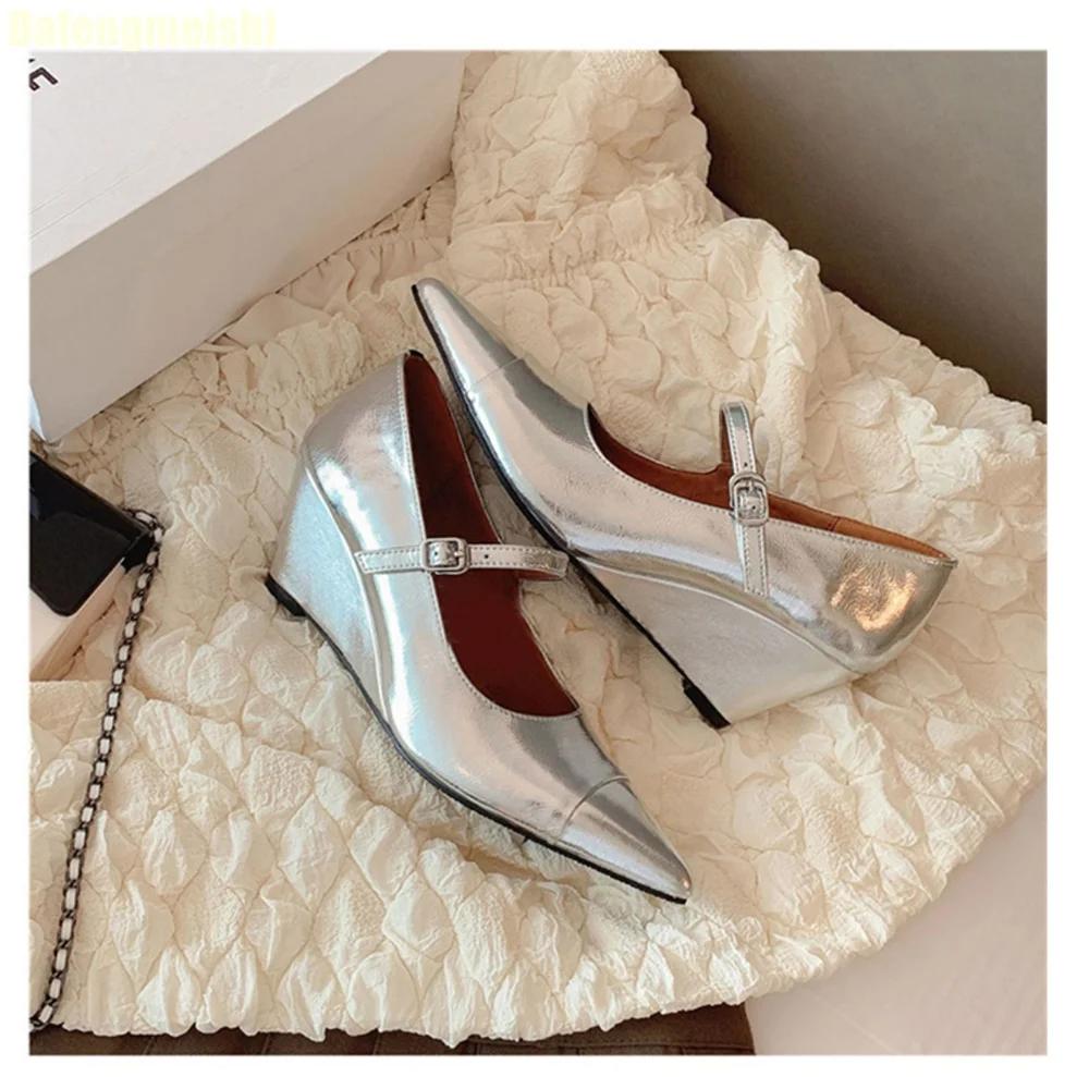 Patent Leather Pointed Wedges Mary Janes Shoes Shallow Buckle Strap Silver/black Women Pumps 2025 Summer New Casual Sandals