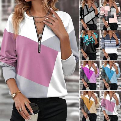 Spring and Summer Color-Matched Loose-Sleeved Zippered Long-Sleeved V-Neck Women's Sweatshirt
