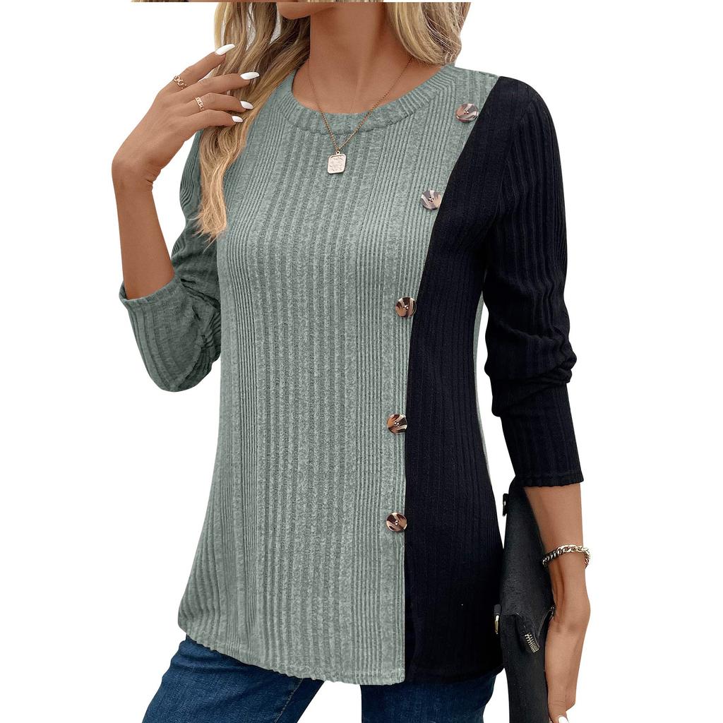 Women's Color Blocking Button Slit Casual Long Top