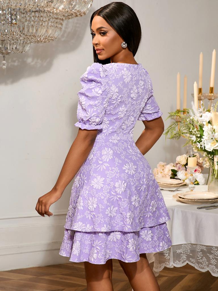 AOMEI Jacquard Wedding Guest Dresses for Women A Line V Neck Short Puff Sleeves Floral Tierred Knee Length Outfits
