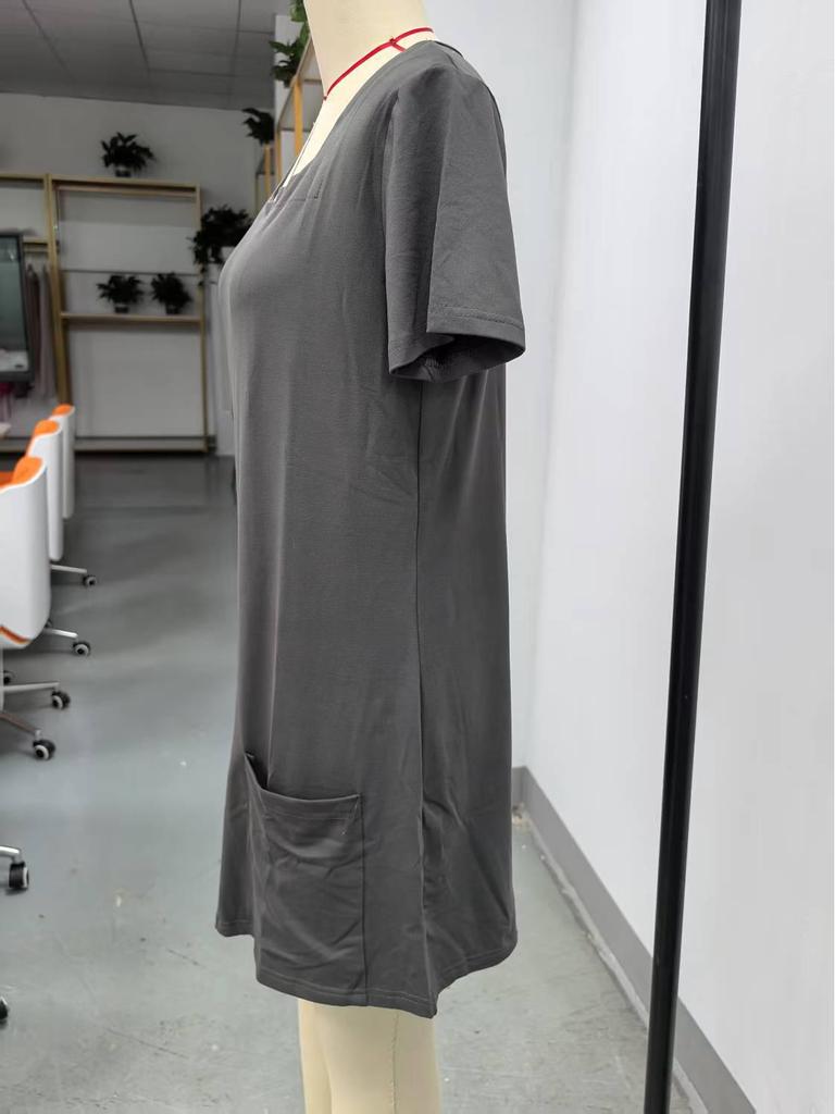 European and American Fashion: Women's Square Neck Short Sleeve Pocket Dress