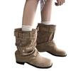 British Style Short Boots Slim Women'S Autumn New Thick Heel Round Head Strap Pants Tube Boots Locomotive Boots Pleated Pile Boots