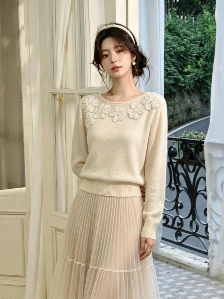 Top de Tricô de Lã Macia Feminino Nanyou - Outono Inicial de Um Ombro com Design Floral Bordado em 3D