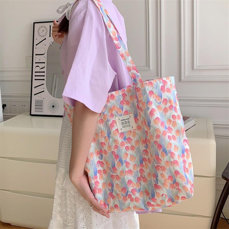 1 New Tote Bag Large Capacity Floral Canvas Shoulder Bag Portable Girl Student Shopping Bag