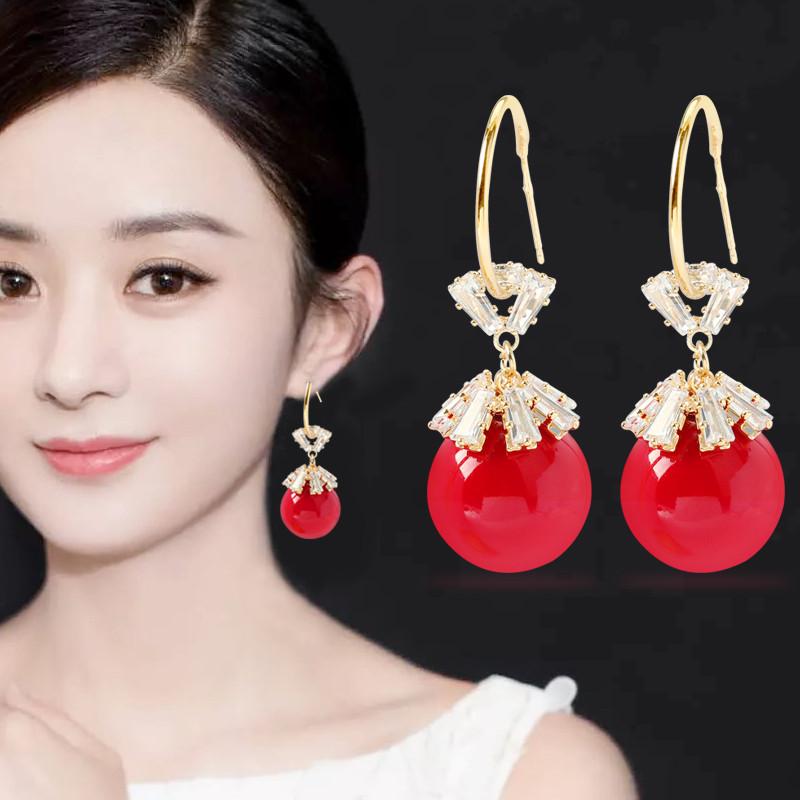 

925 Silver Korean Snowflake Zircon Pearl C-shaped Earrings красный