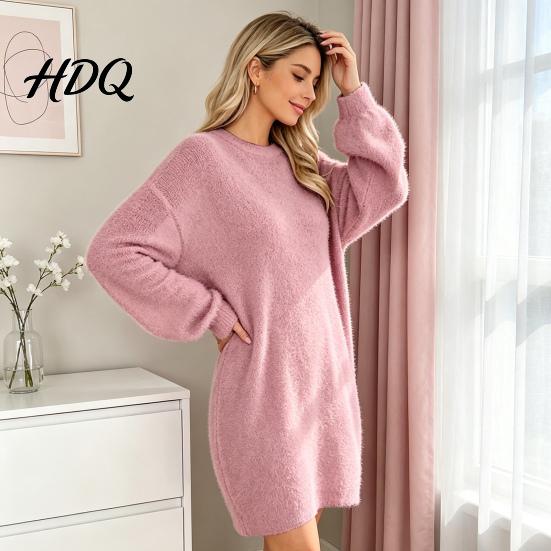 Comfortable Women Fall Outfits Mini Oversized Sweater Dress Long Sleeve Round Neck Knit Pullover Solid Color Tunic Dress Top Winter Loose