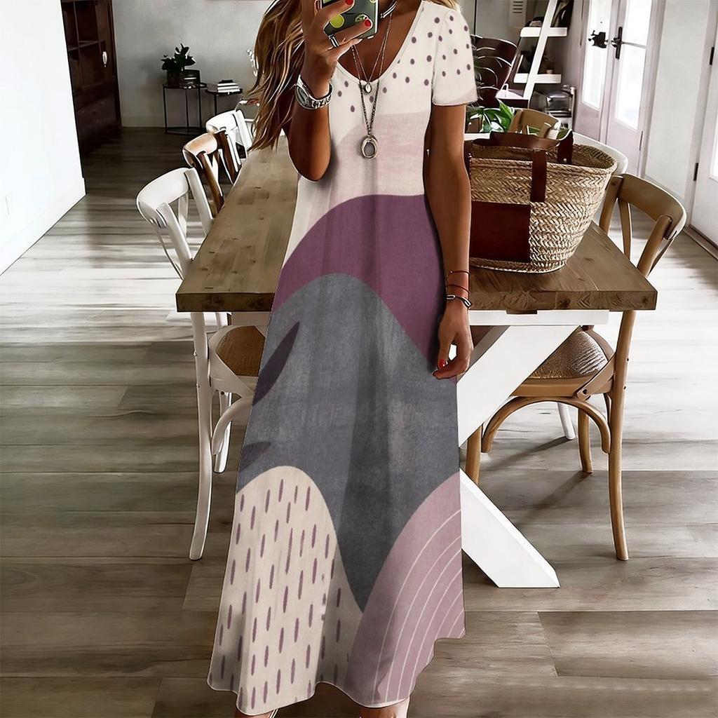 Women Plus Size V Neck Short Sleeve Geometric Printed Straight Maxi Dress